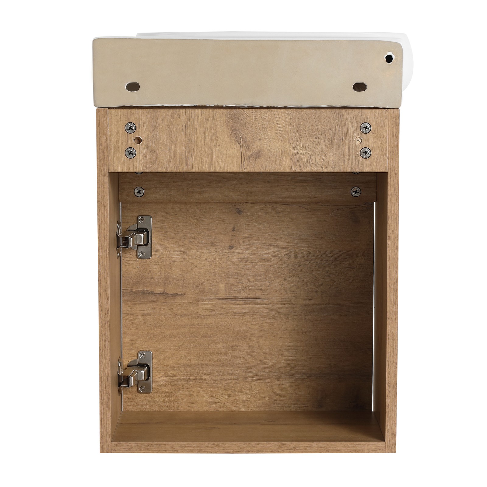 16Inch Wall Mounted Bathroom Vanity With Ceramic Sink Basin W/ Storage Rack Oak