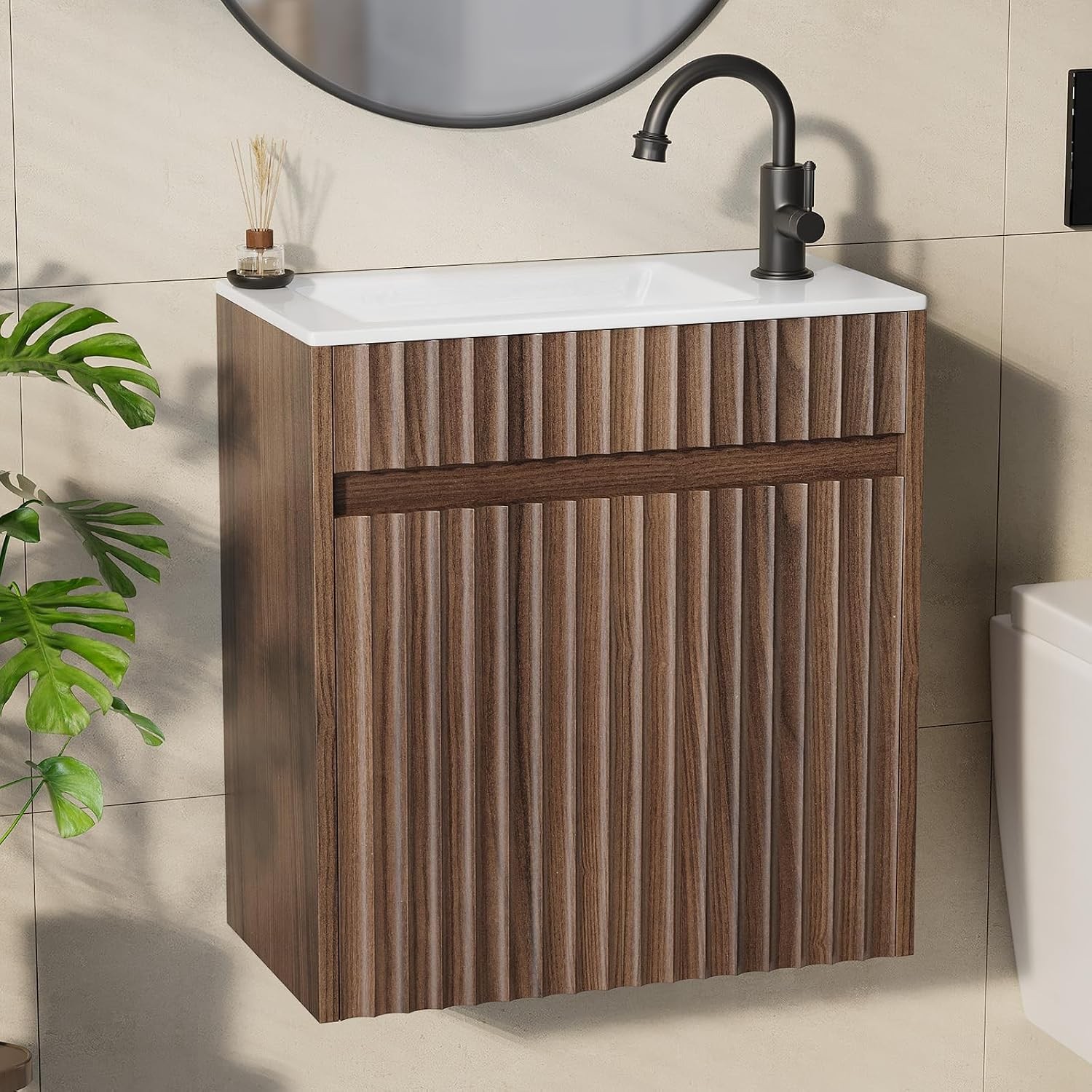 18″ Floating Fluted Bathroom Vanity with Ceramic Sink Wall Mounted Bathroom