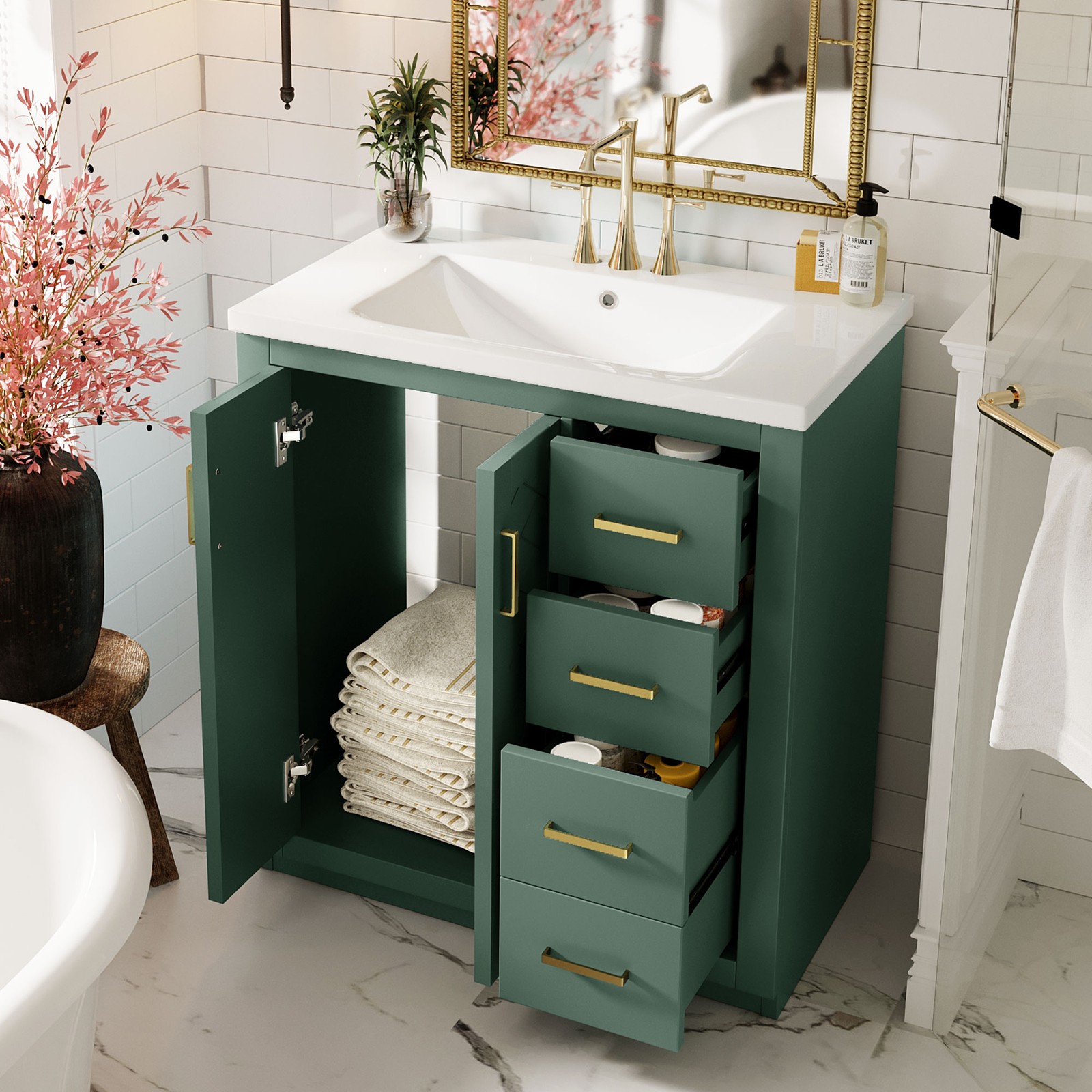 30″ Bathroom Vanity with Ceramic Sink, Solid Wood Frame, 3 Drawers