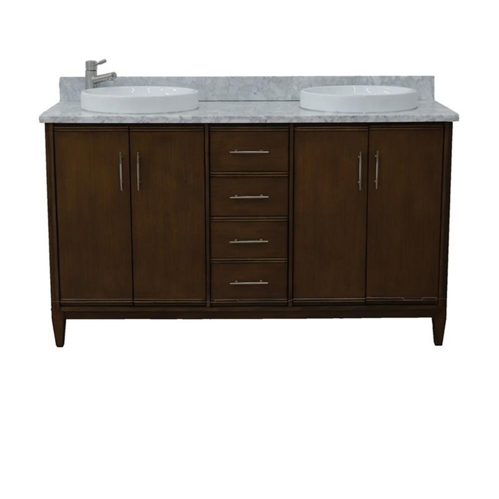 Pemberly Row 61″ Double Round Sink Vanity with White Marble Stone in Walnut