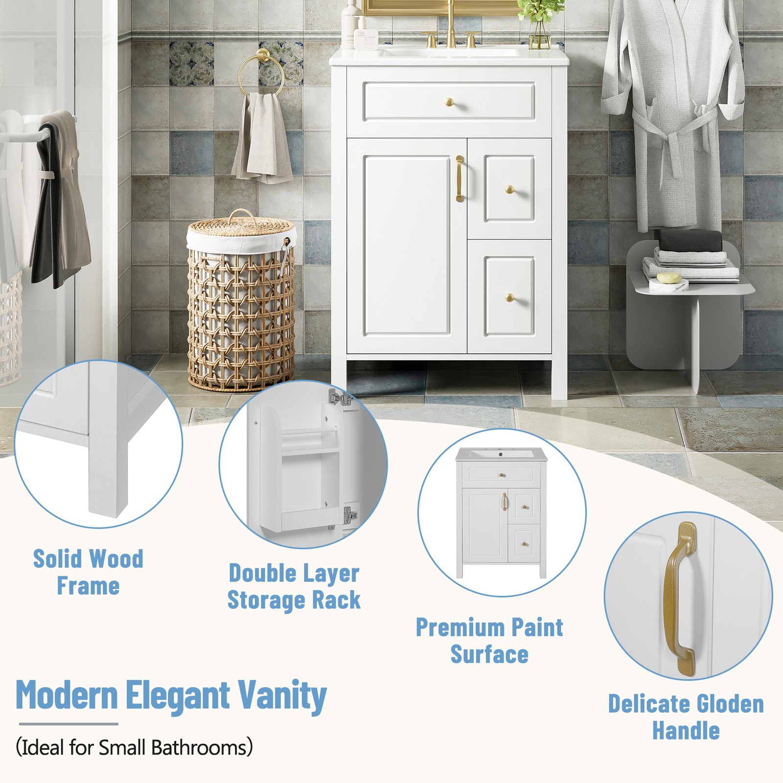 24Inch Bathroom Vanity Modern Bathroom Storage Cabinet with Ceramic Sink White