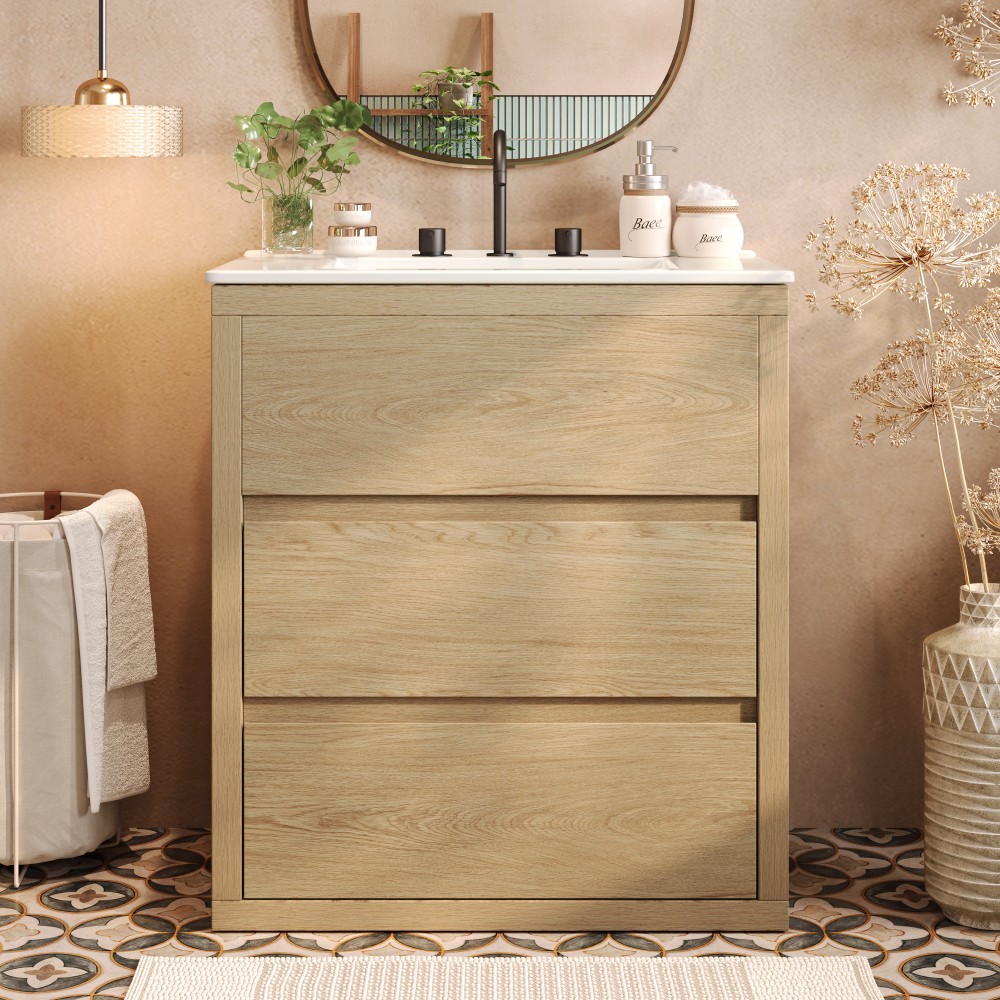 30″ Bathroom Vanity w/Ceramic Sink & 2 Drawers Freestanding Bathroom Vanity