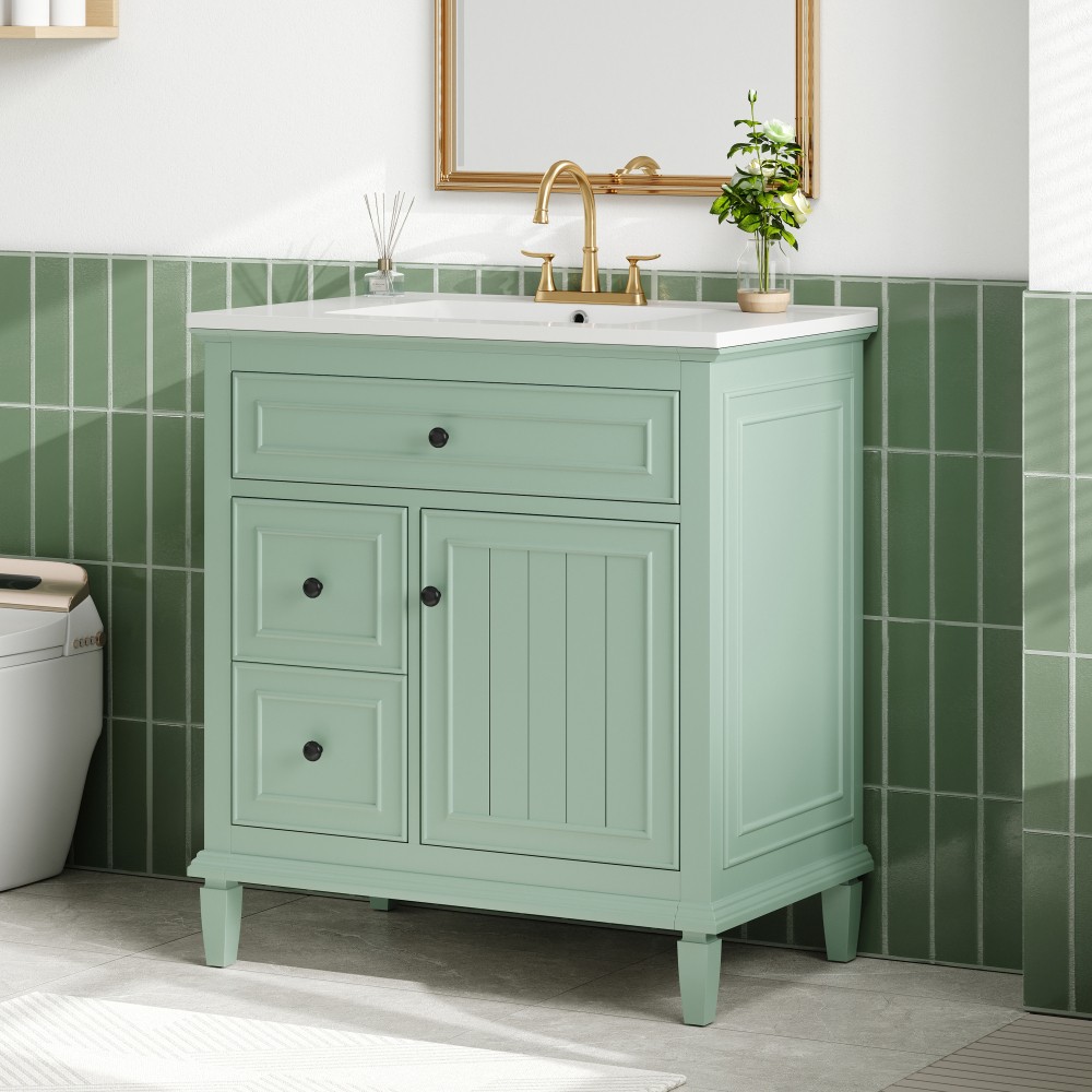30″ Green Bathroom Vanity with Ceramic Sink Solid Wood MDF Cabinet