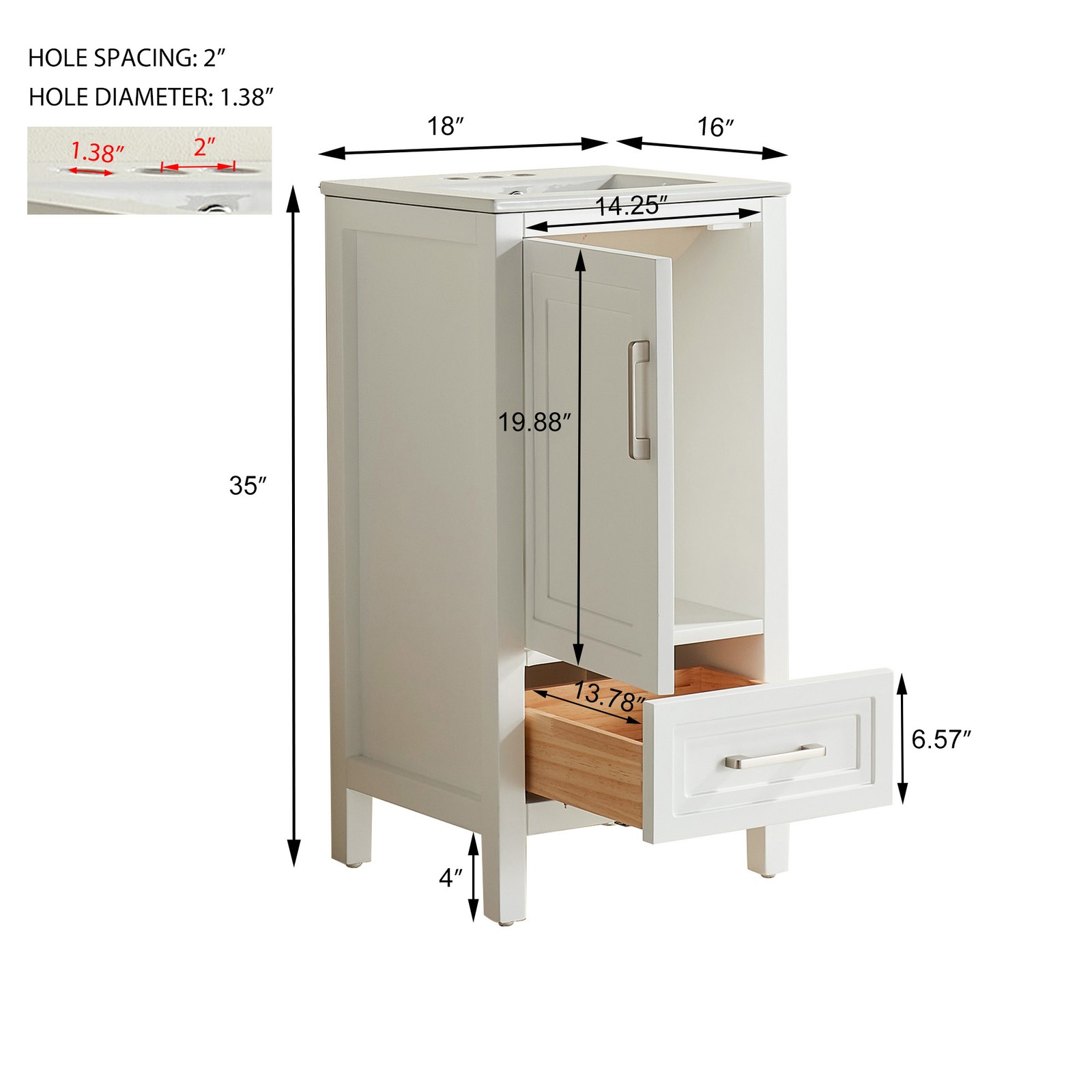 White Freestanding Bathroom Cabinet 18″ Solid Wood Fully Assembled