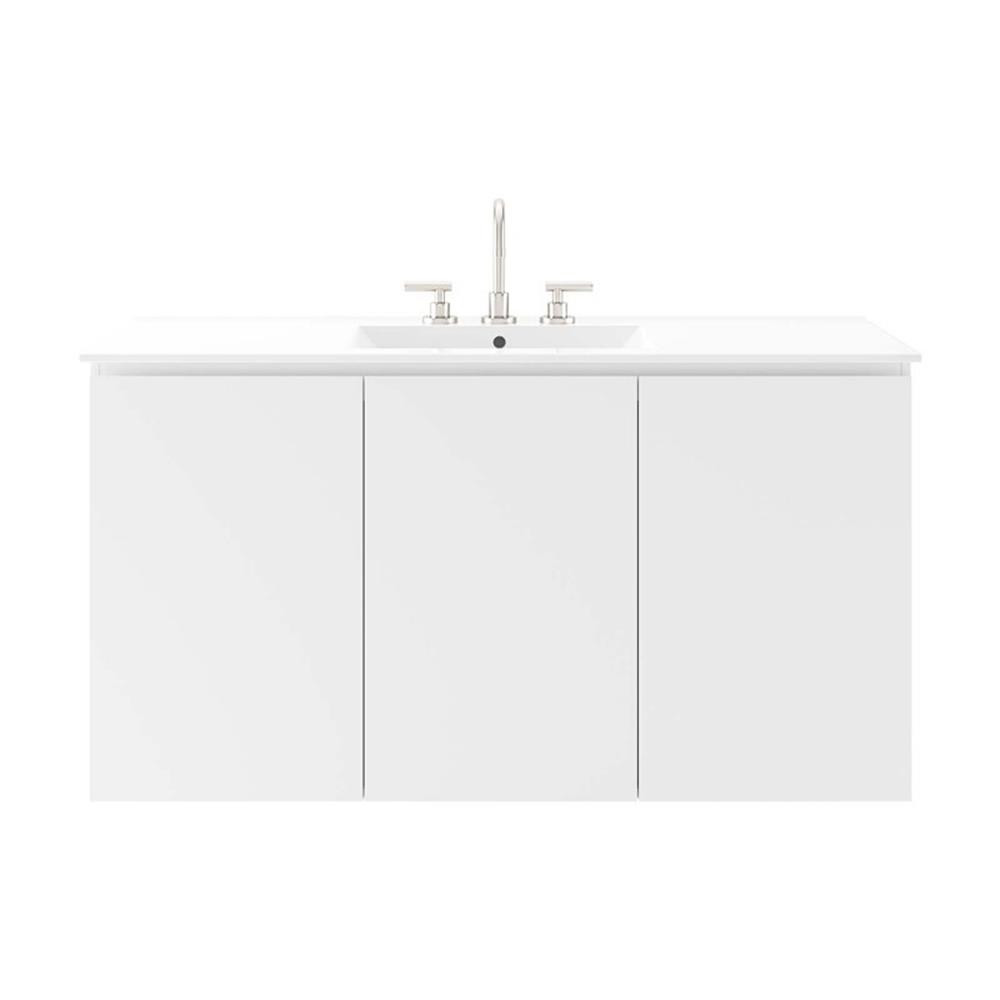 Modway Bryn 48″ Modern Wood/Ceramic Wall-Mount Bathroom Vanity in White
