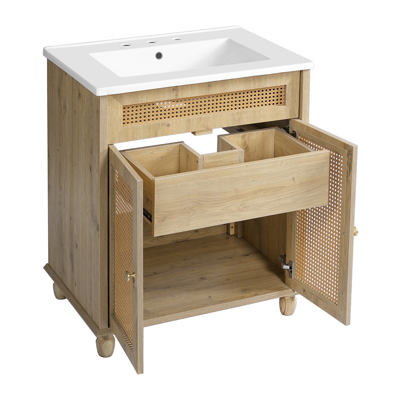 30 In Bathroom Vanity Handwoven Rattan Doors Solid Wood Legs Resin Sink Cabinet
