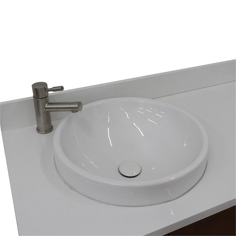 Pemberly Row 61″ Double Round Sink Vanity with White Quartz Stone in Walnut