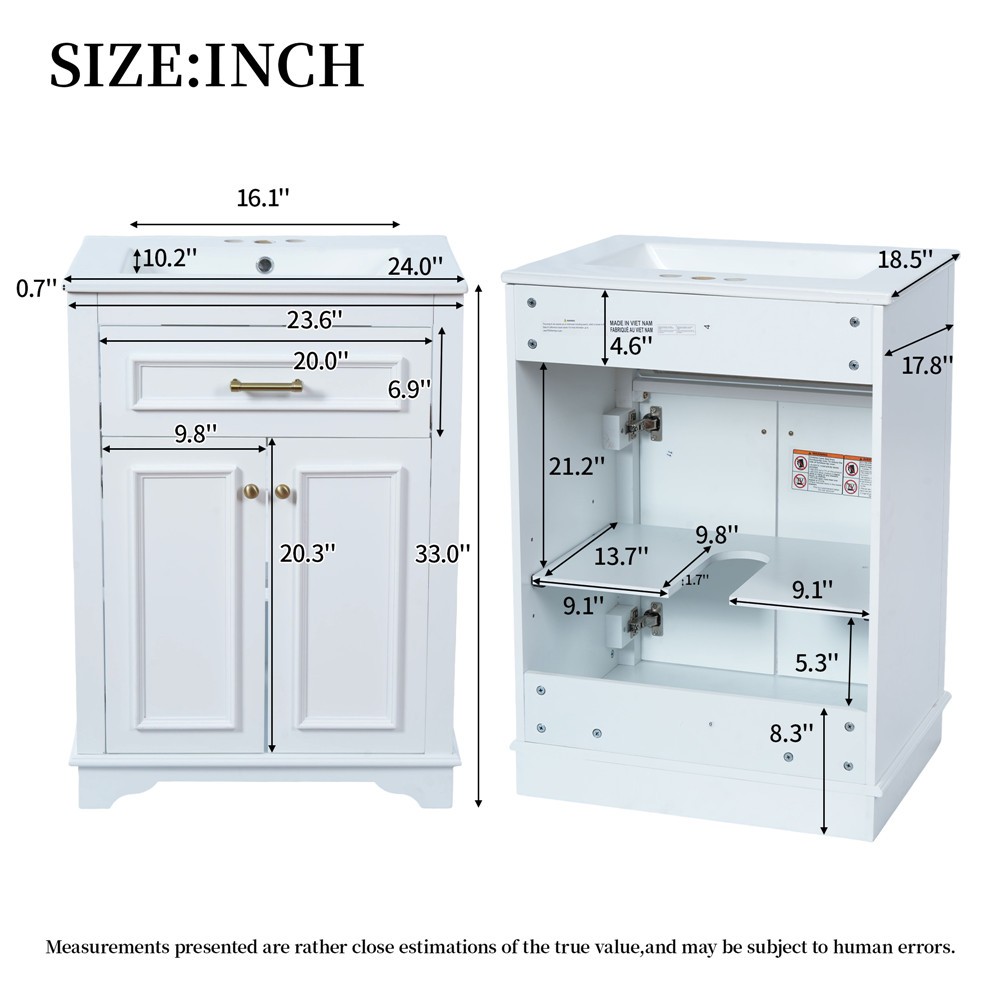 24″ Bathroom Vanity with Sink, Freestanding Bath Vanity Cabinet, Tip-Out Drawer