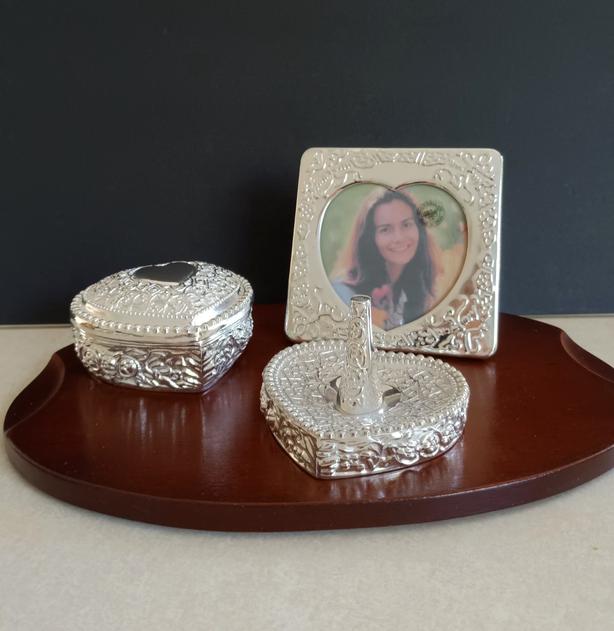 Davco Decorators Choice Silver Vanity Set Jewelry Box Frame Ring Holder Box