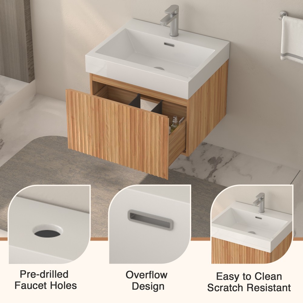 24in Wall Mounted Floating Bathroom Vanity Sink Integrated Basins Acacia Plywood