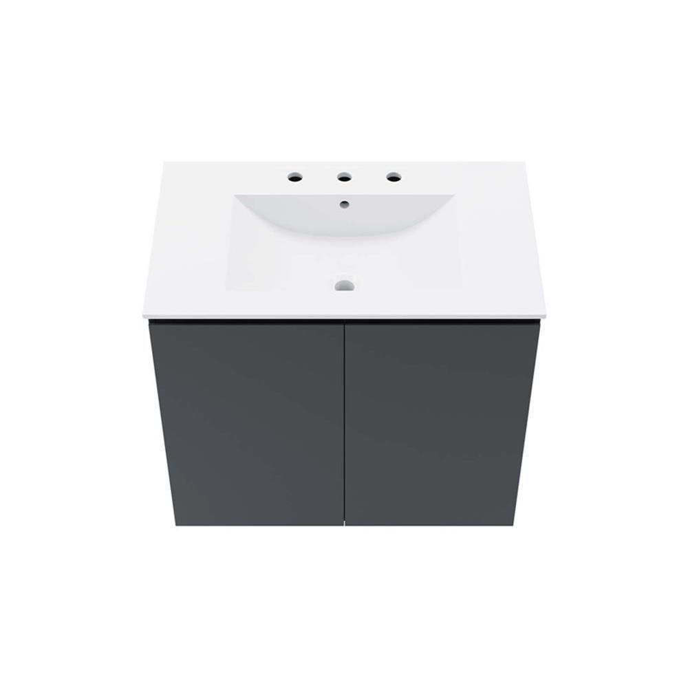 Modway Bryn 30″ Modern Wood/Ceramic Wall-Mount Bathroom Vanity in Gray/White