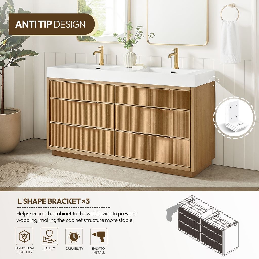 Hohhot 60″ Double Bath Vanity in Washed Ash Grey with White Stone Top