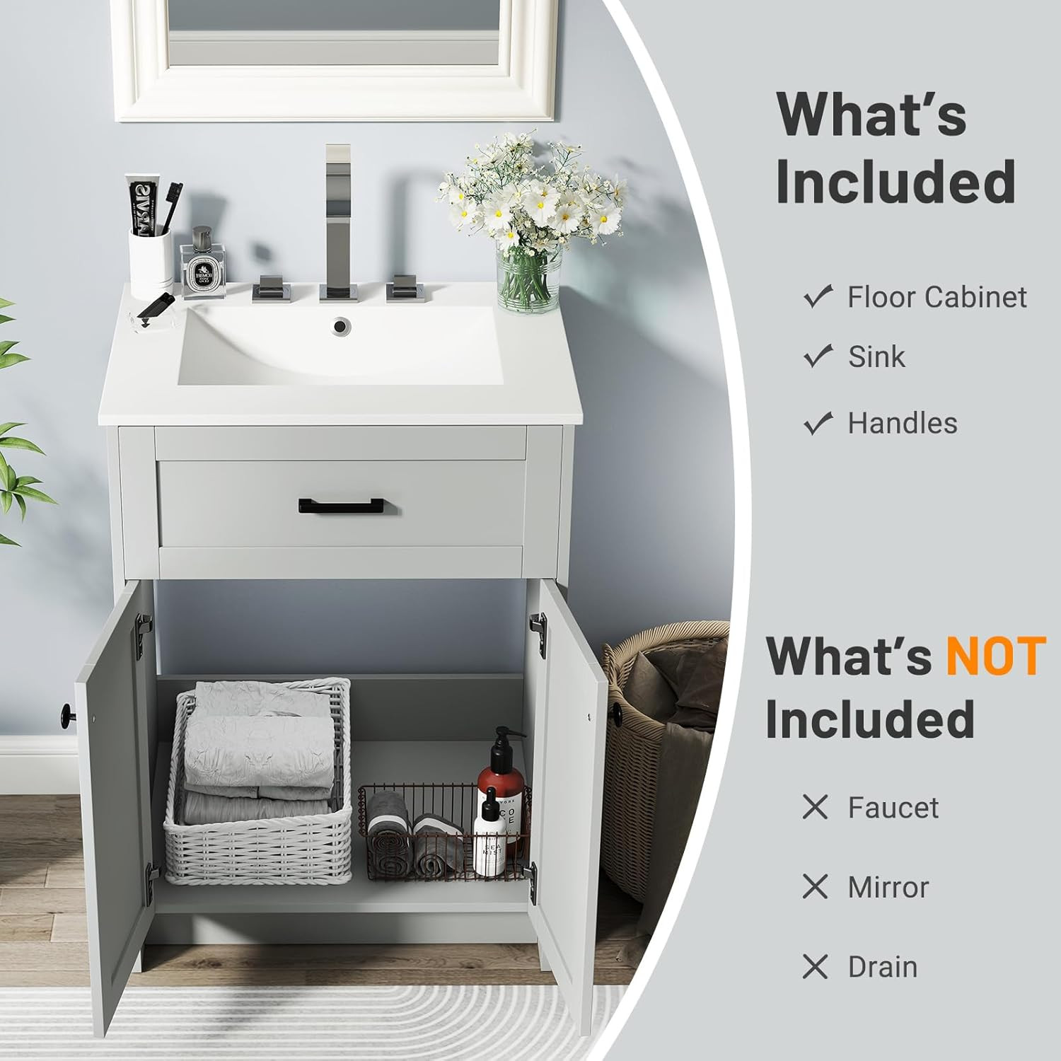 Modern 24” Bathroom Vanity with Undermount Sink & Storage Cabinet Combo