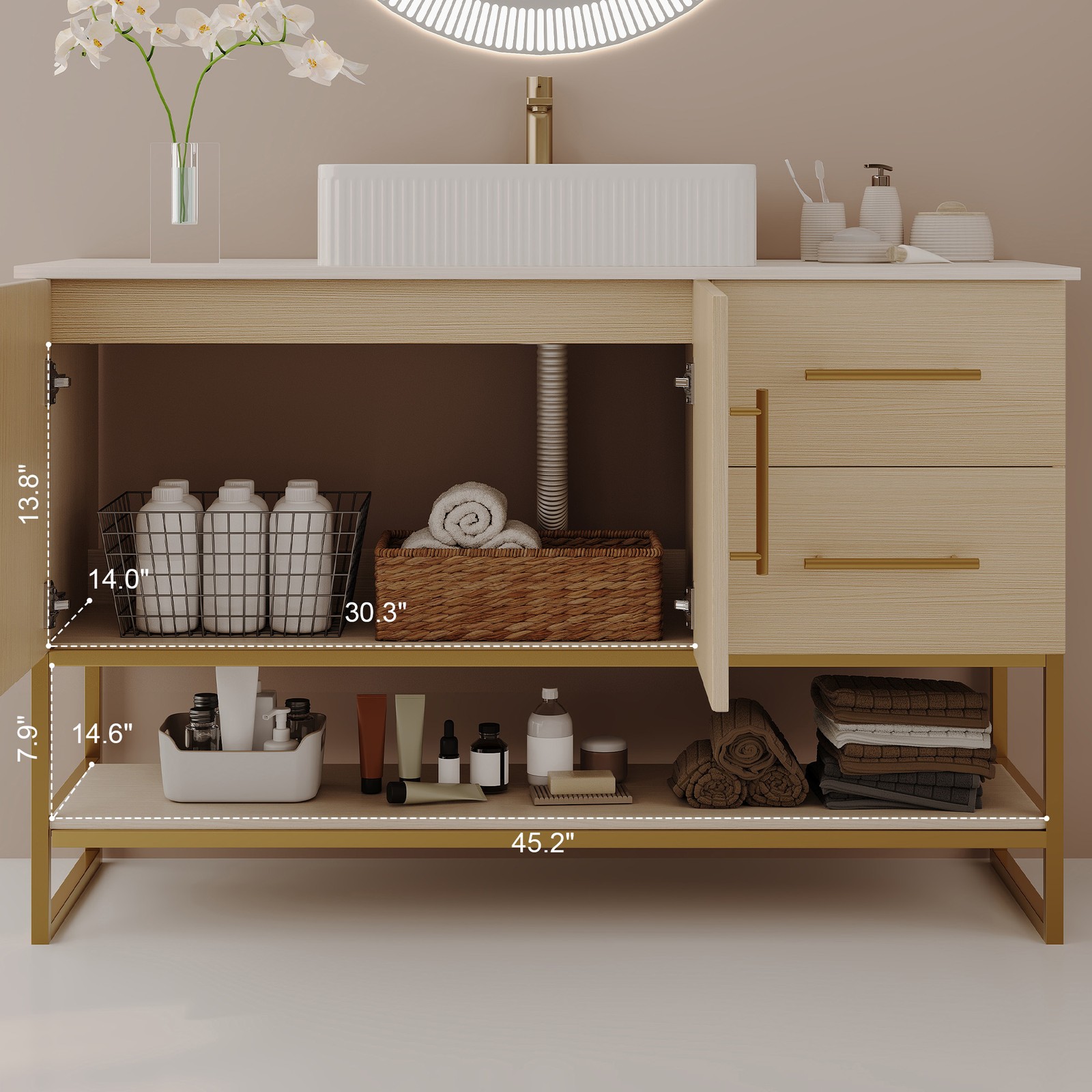 47.2″ Bathroom Vanity with Ceramic Sink, Gold Accent, White Oak