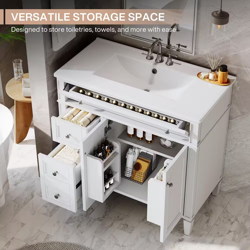 36 In. Single Sink Freestanding White Bath Vanity with White Ceramic Top Unassem
