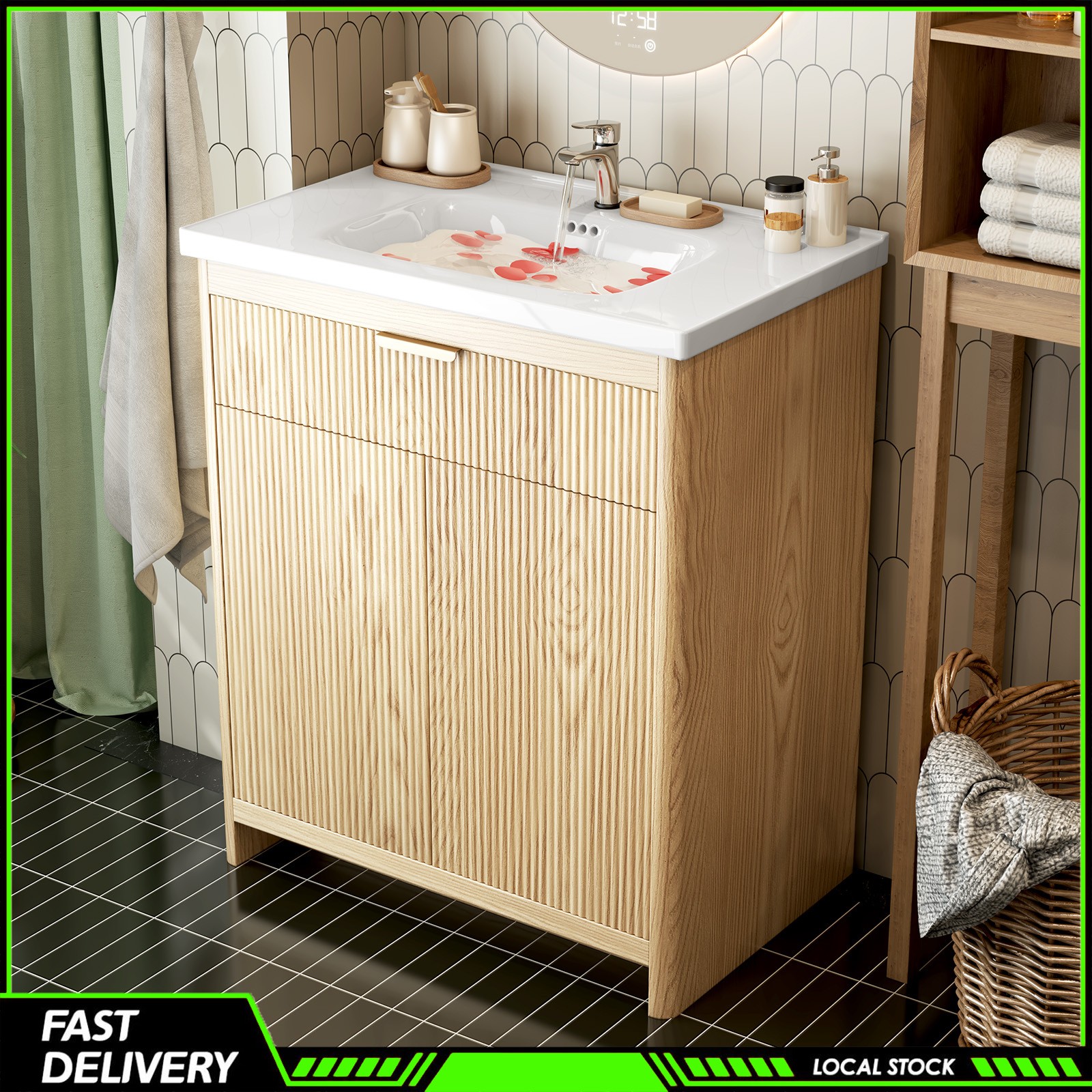 31″ Bathroom Vanity with Ceramic Sink, Modern Storage Cabinet w/ Doors & Drawers