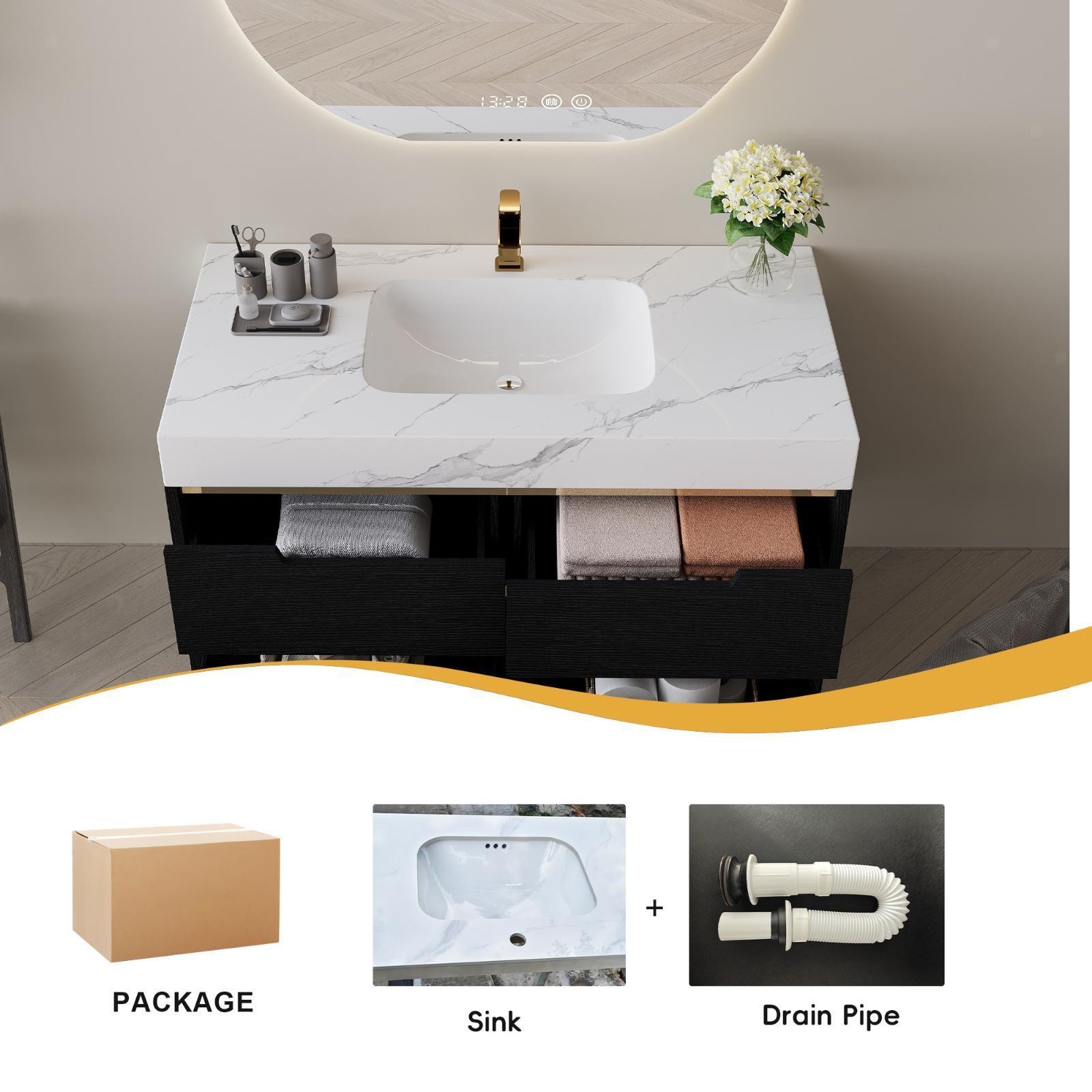 Undermount Ceramic Sink Bathroom Vanity Four Drawer Solid Wood Cabinet Stone Top