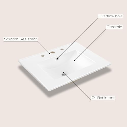 Classic Contemporary 24″ Rectangular Ceramic Sink Basin Vanity Top – White, 3-Ho