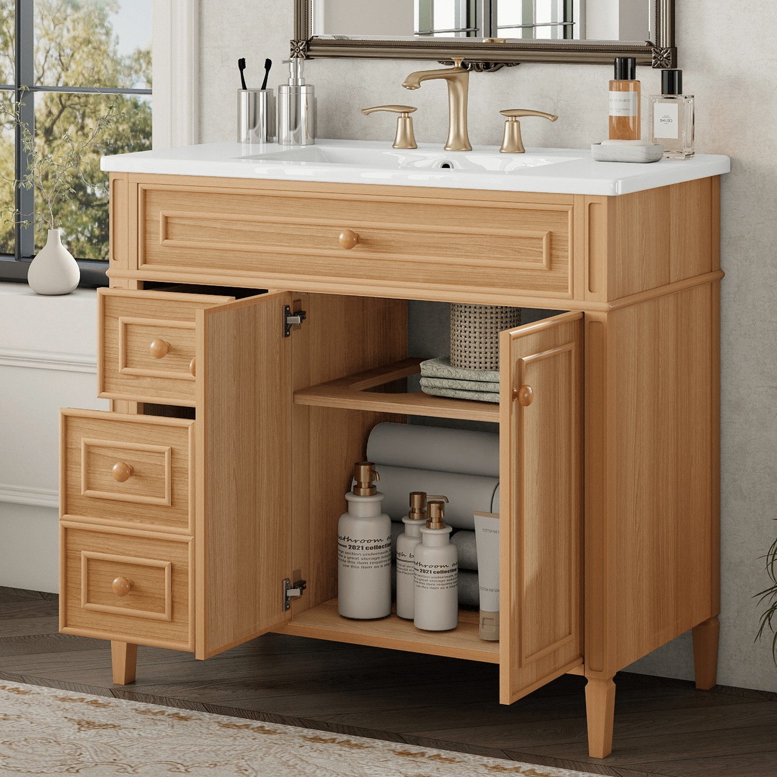 36″ Bathroom Vanity w/Sink,3 Drawers,Freestanding Storage Vanity 2 Doors Cabinet