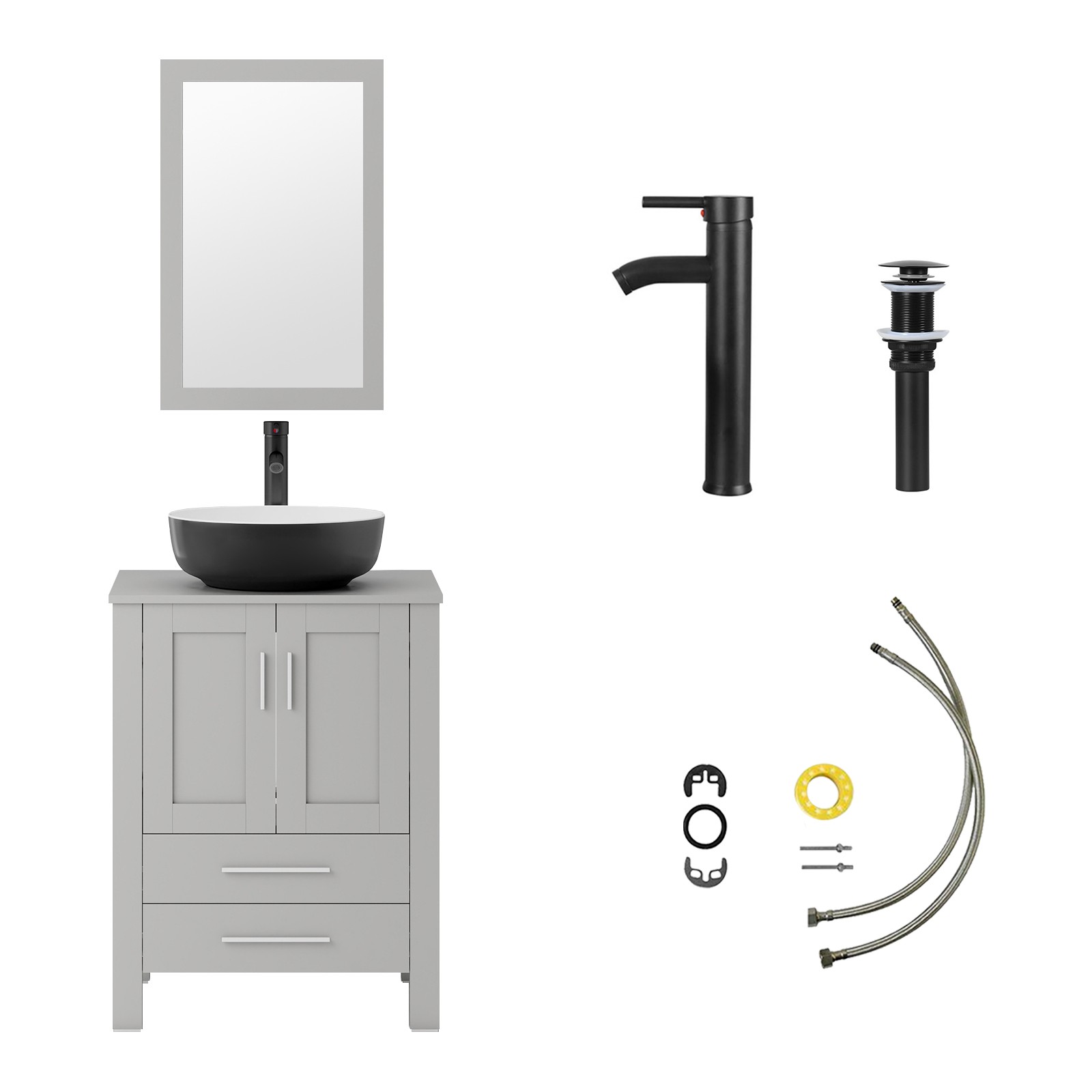 Modern 24″ Vanity Set with Black Ceramic Sink | Cabinet + Drawer Storage