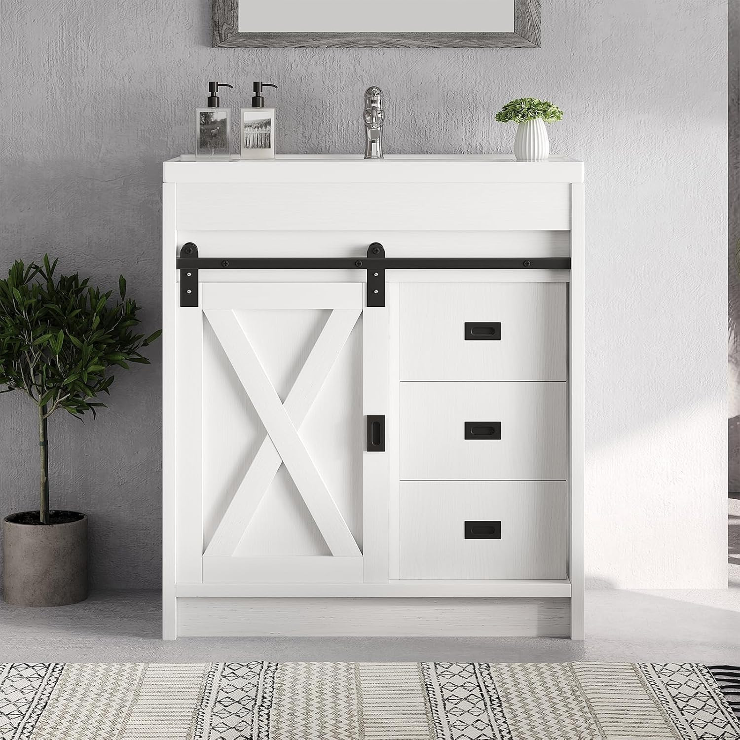 4Ever2Buy 30″ Farmhouse Bathroom Vanity with Sink, Small White Bathroom Vanity C