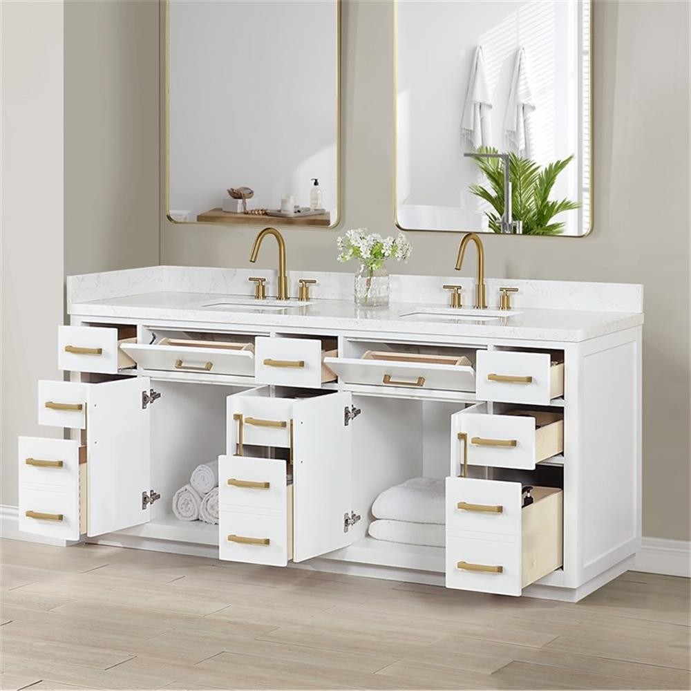 Gavino 84″ Wood Vanity in White with Composite Stone Top no Mirror