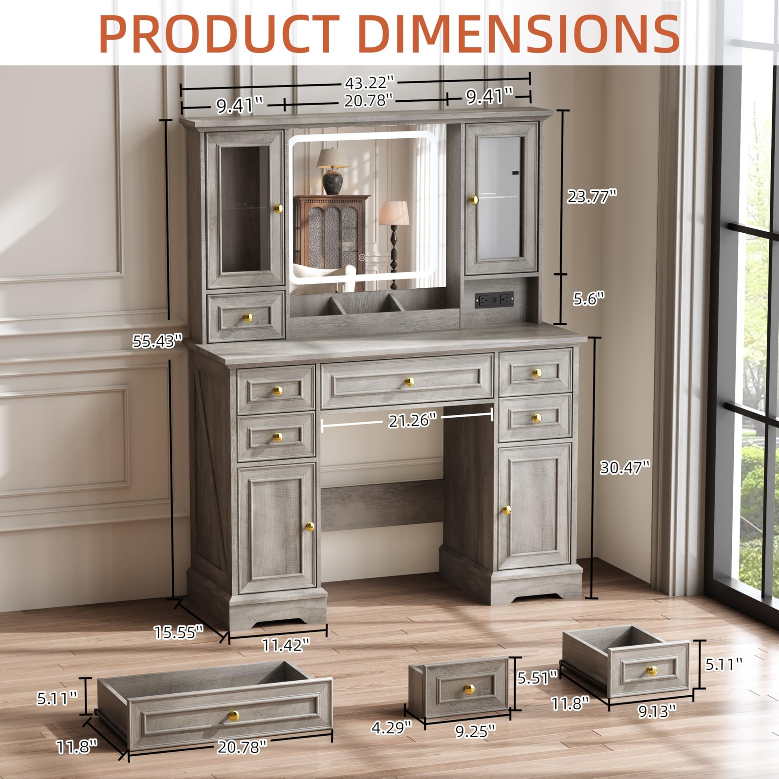 Farmhouse Vanity Desk with Power Outlet USB Ports 6 Drawers RGB Dimmable Mirror