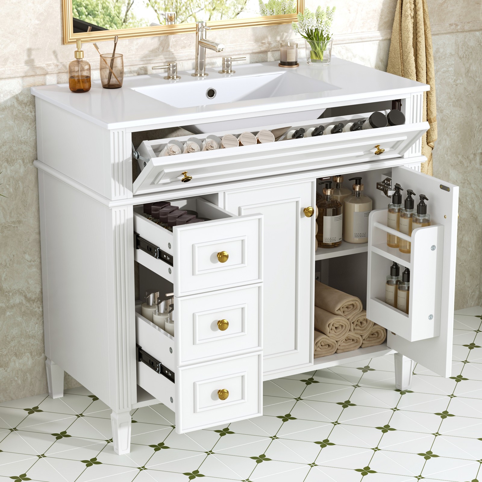 White 36 Inch Bathroom Vanity with Sink, Solid Wood Cabinet, Gold Handles