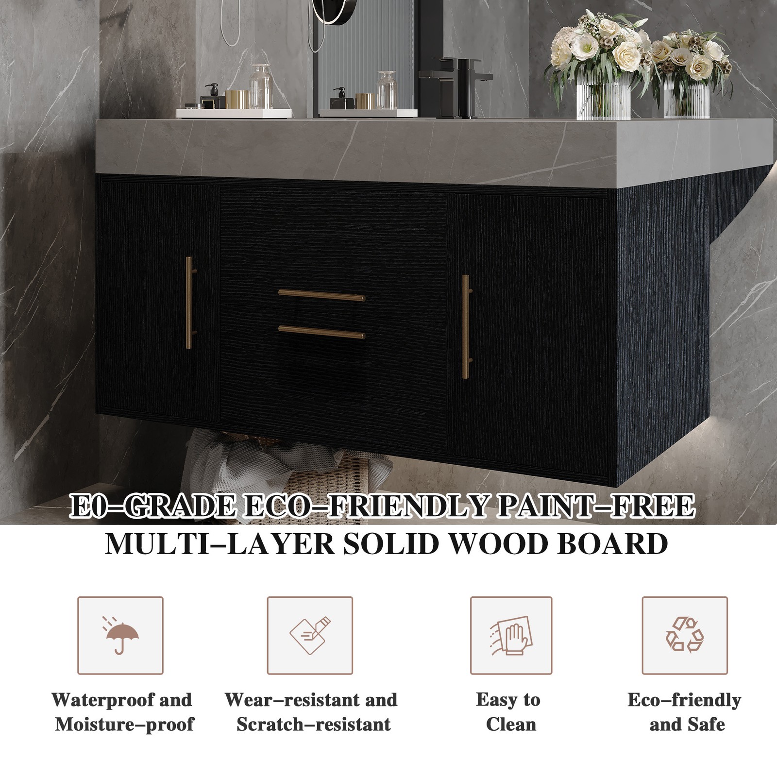 Floating Bathroom Vanity w/Faux Marble Top,Ceramic Sink, Wood Storage Cabinets