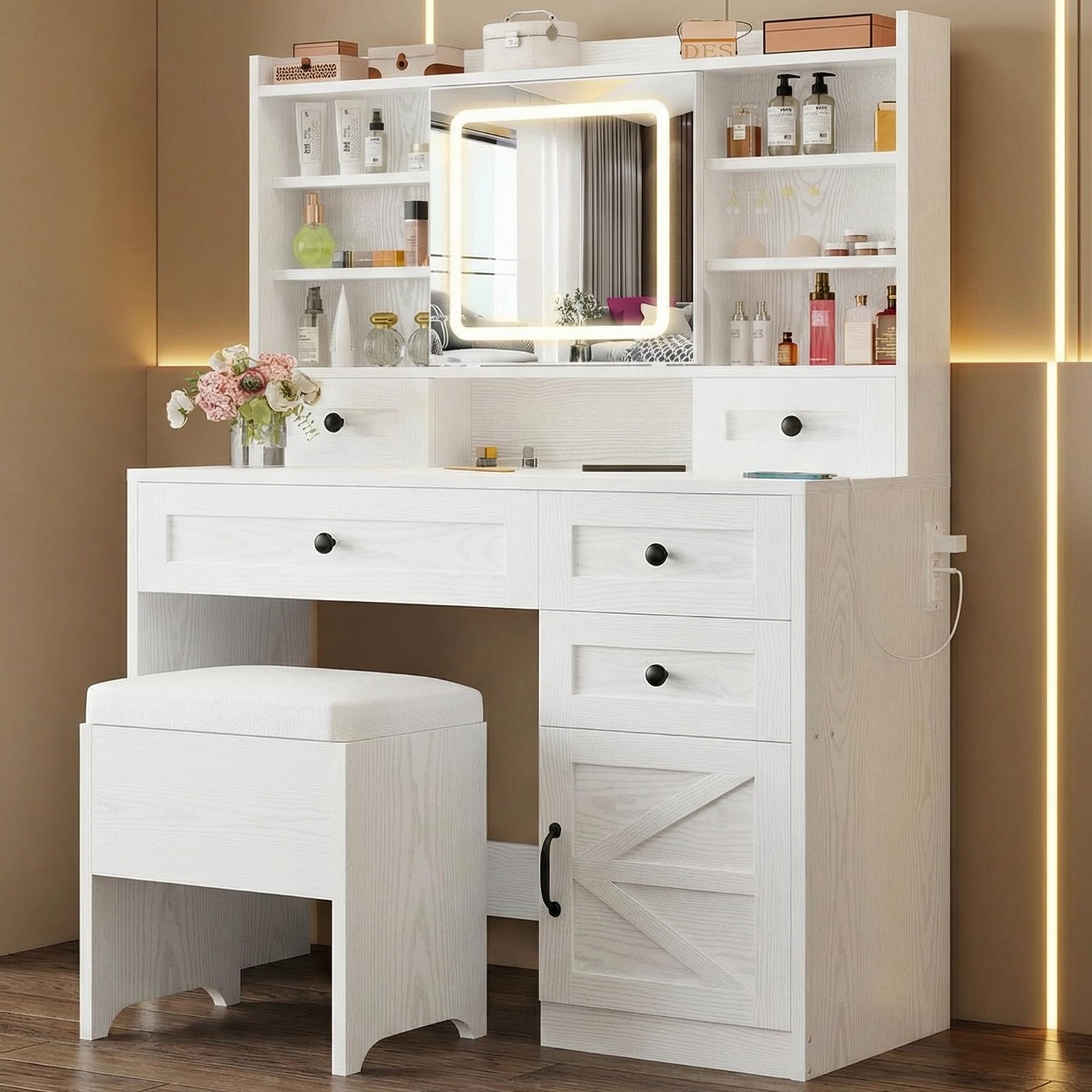 Vanity Desk LED Mirror 5 Drawers Cabinet Shelves Power Outlet Stool White
