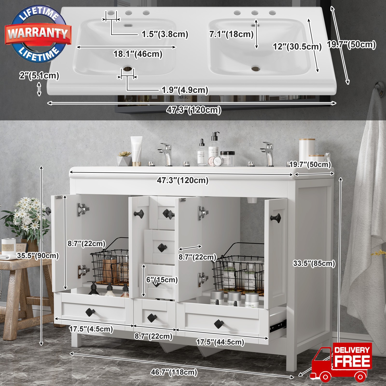 46″ Bathroom Vanity with Ceramic Sink Freestanding Storage Cabinet w/ 5 Drawers