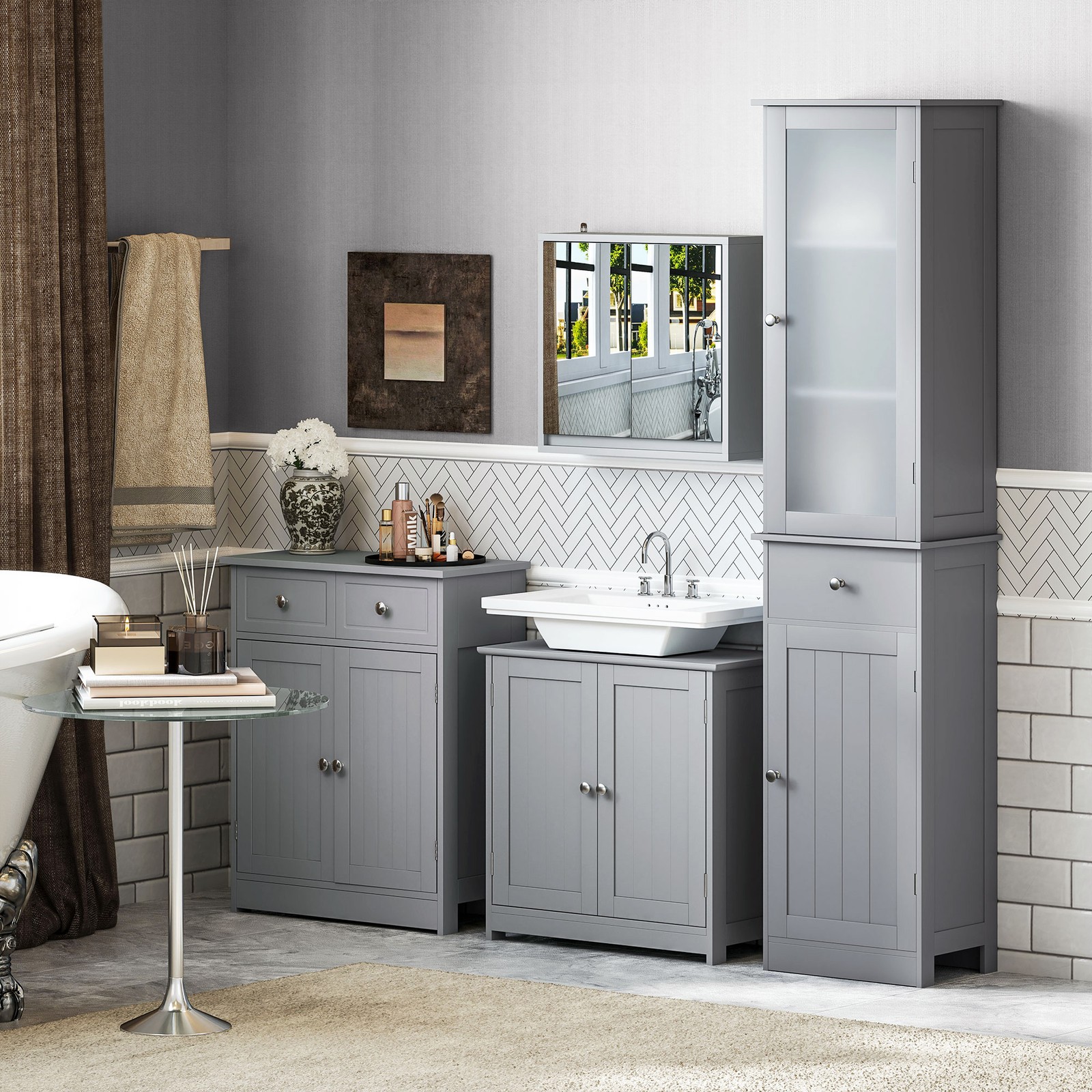 Pedestal Sink Storage Cabinet, Sink Bathroom Cabinet, Gray