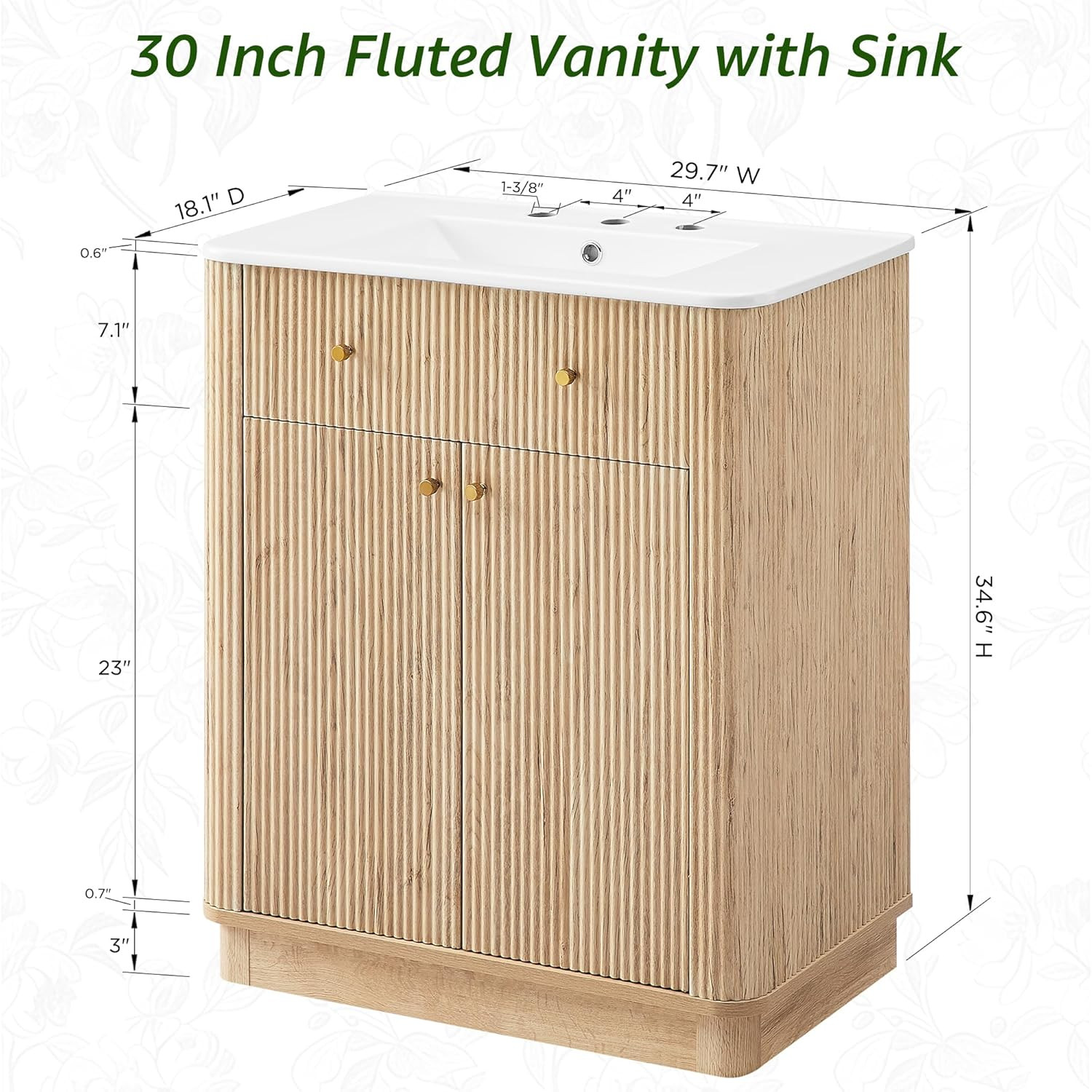 30 Inch Bathroom Vanity with Sink, Modern Fluted Single Bathroom Vanity with Sin