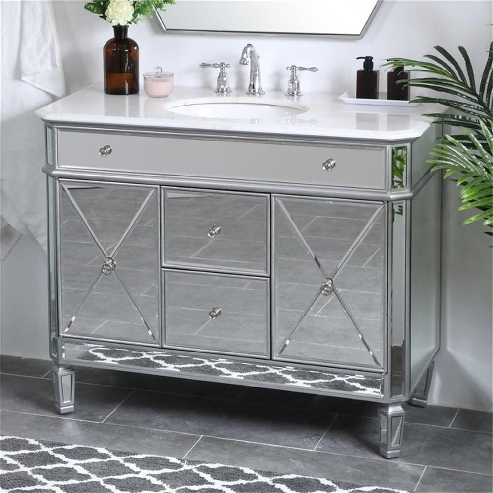 Elegant Decor Camille 42″ Single Marble Top Mirrored Bathroom Vanity in Silver