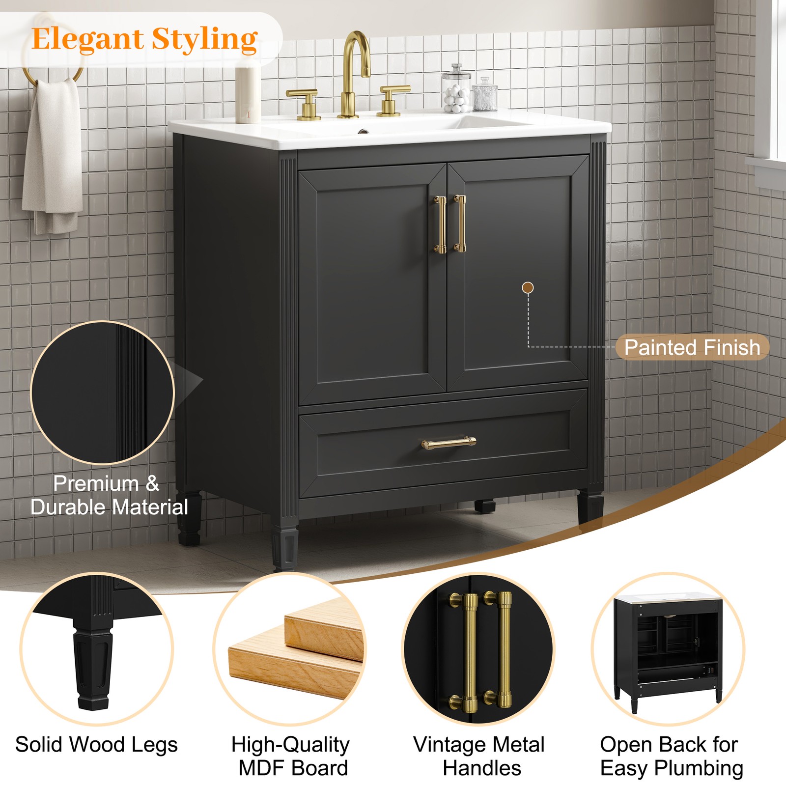 30 Inch Black Fluted Bathroom Vanity with Ceramic Sink, Soft-Close