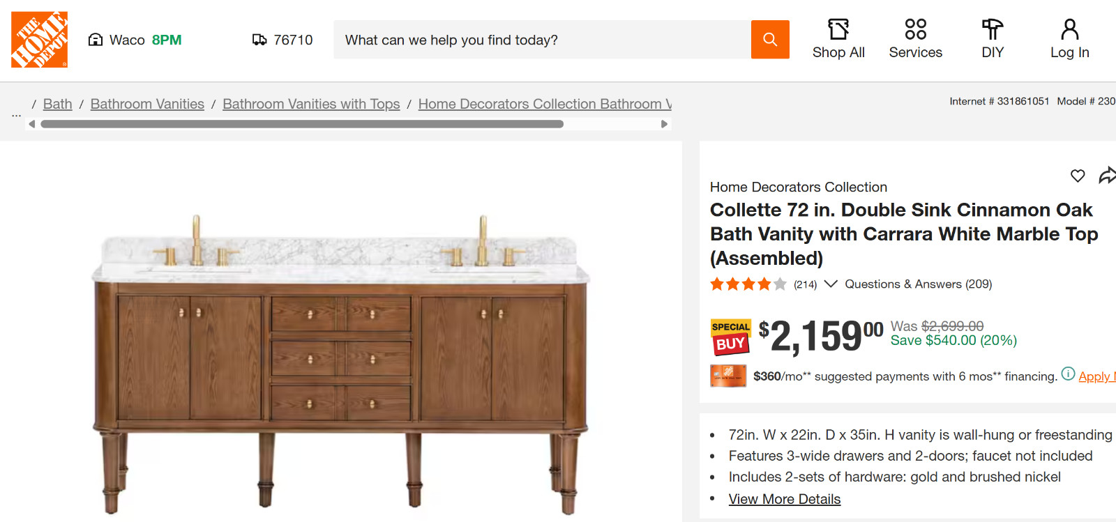 Collette Double Sink Bath Vanity – Only $485: Minor damage – Retails for $2,699