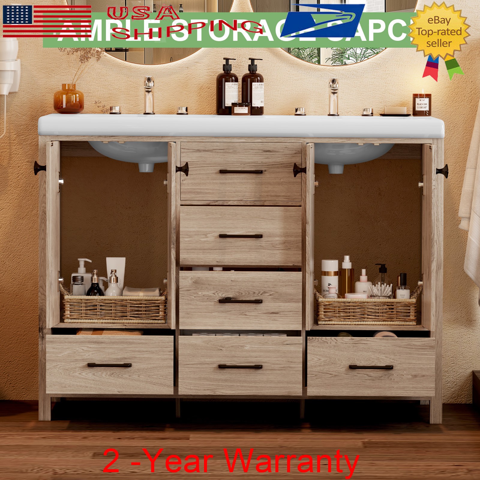 47.3″ Bathroom Vanity Set Double Sink Ceramic Storage Cabinet Drawers Wood Grain