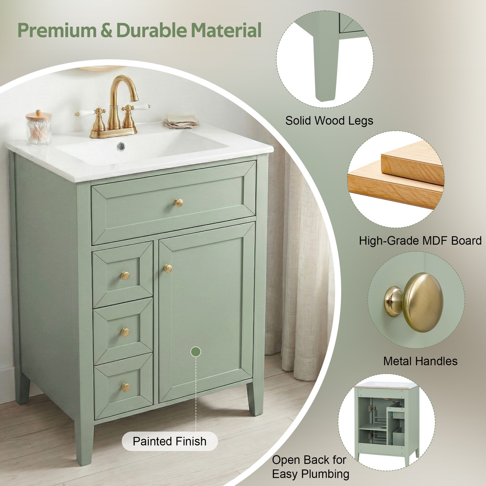 24″ Light Green Bathroom Vanity with Ceramic Sink and Storage Drawers