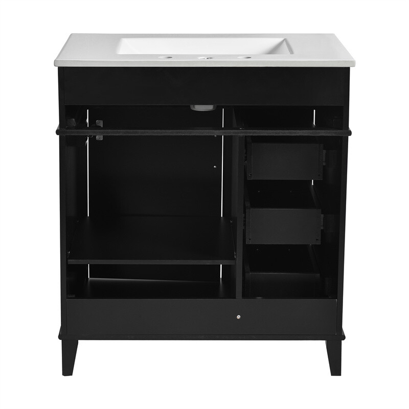 30″ Black Bathroom Vanity with Ceramic Sink,Adjustable Shelf & 3 Storage Drawer