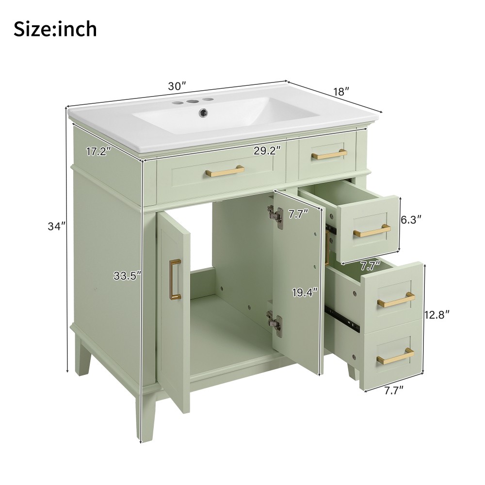 30″Bathroom Vanity with Ceramic Sink Modern Storage CabinetwithSoft-Close Doors