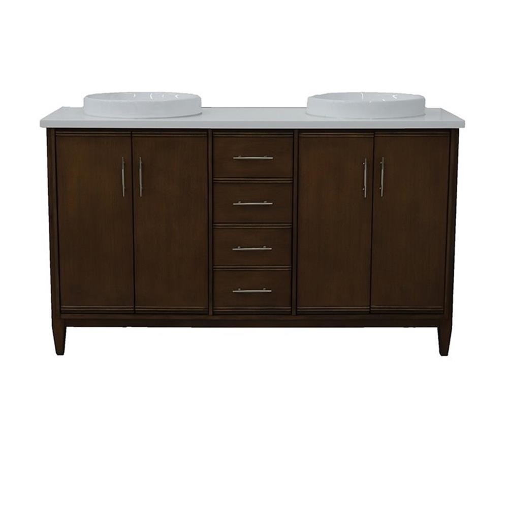 Pemberly Row 61″ Double Round Sink Vanity with White Quartz Stone in Walnut