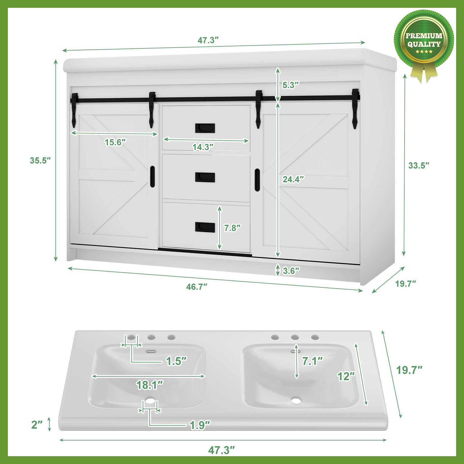 47” Bathroom Vanity w/ 2 Basin Sink Bathroom Cabinet with 3 Drawers Storage Set