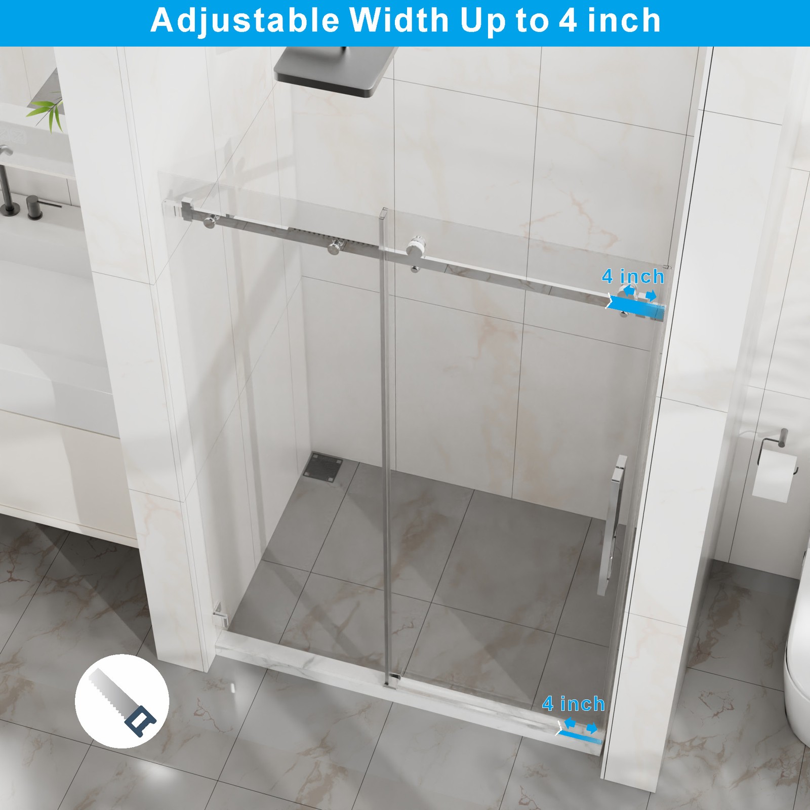 Frameless Shower Door, 48″ W x 72″ H Sleek Silent Sliding Glass Door Chrome