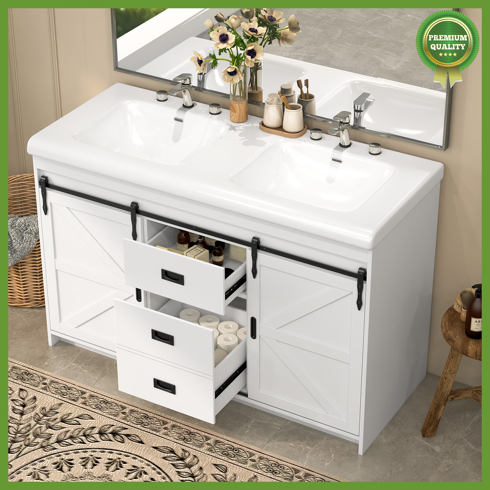 47” Bathroom Vanity w/ 2 Basin Sink Bathroom Cabinet with 3 Drawers Storage Set