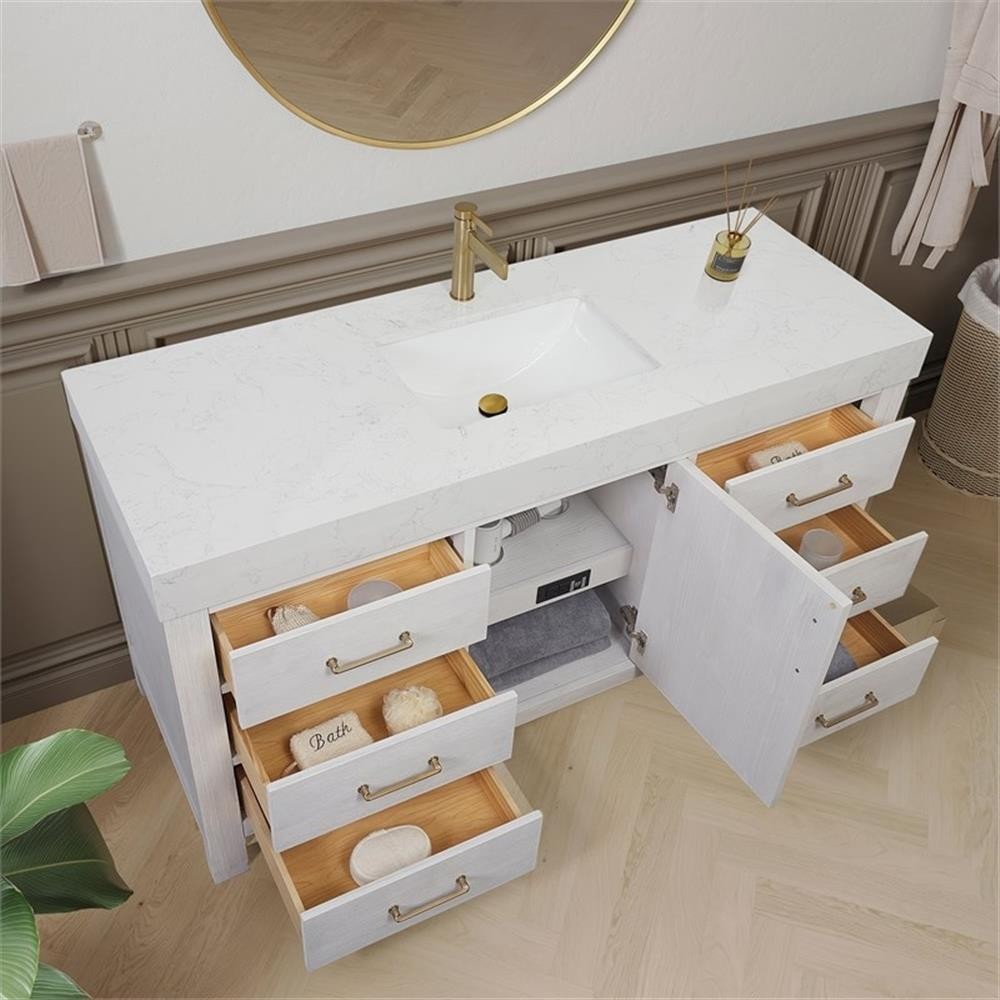 Leon 60″ Single Bathroom Vanity in Washed White w/Lightning White top & Mirror