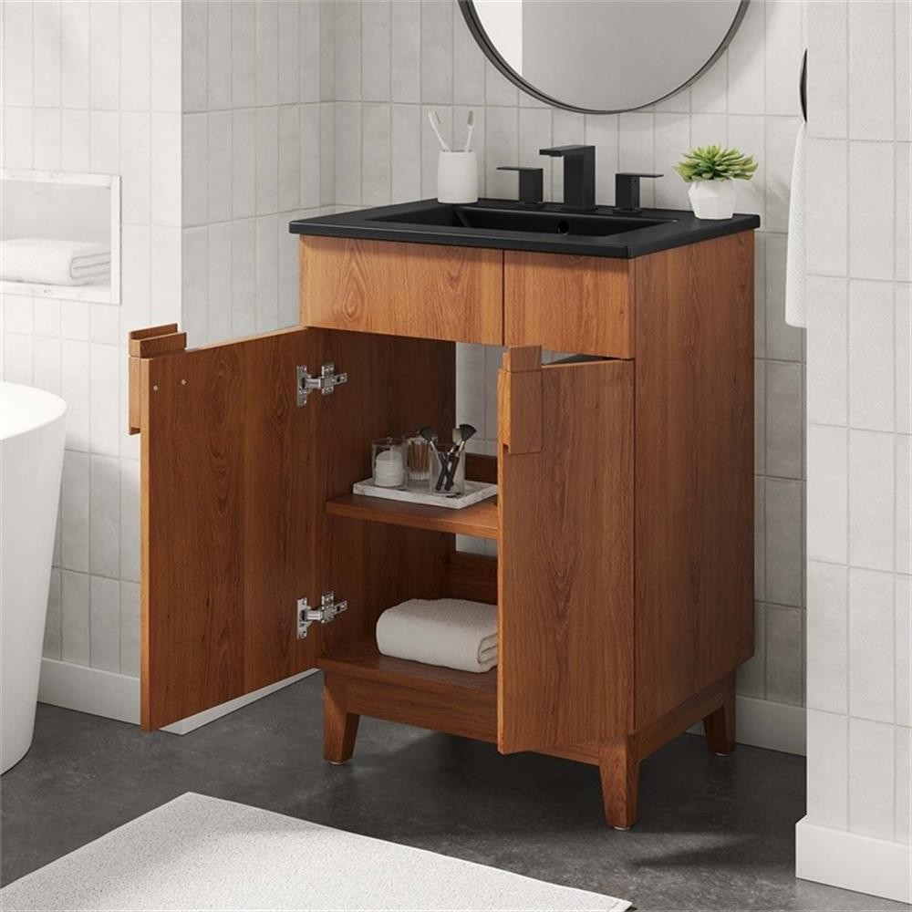 Pemberly Row 24″ Wood Bathroom Vanity with Tapered Legs in Black/Walnut