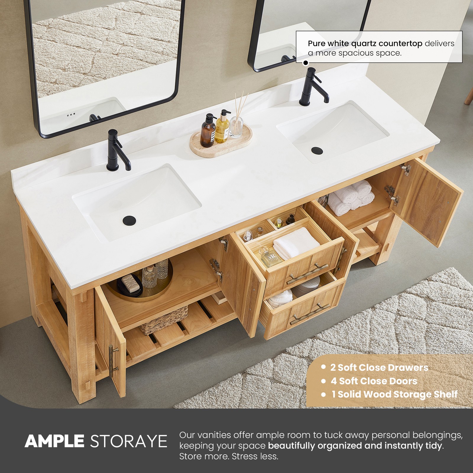Paris 72″ Double Bath Vanity in Acacia Classic Grey with White Quartz Stone Top