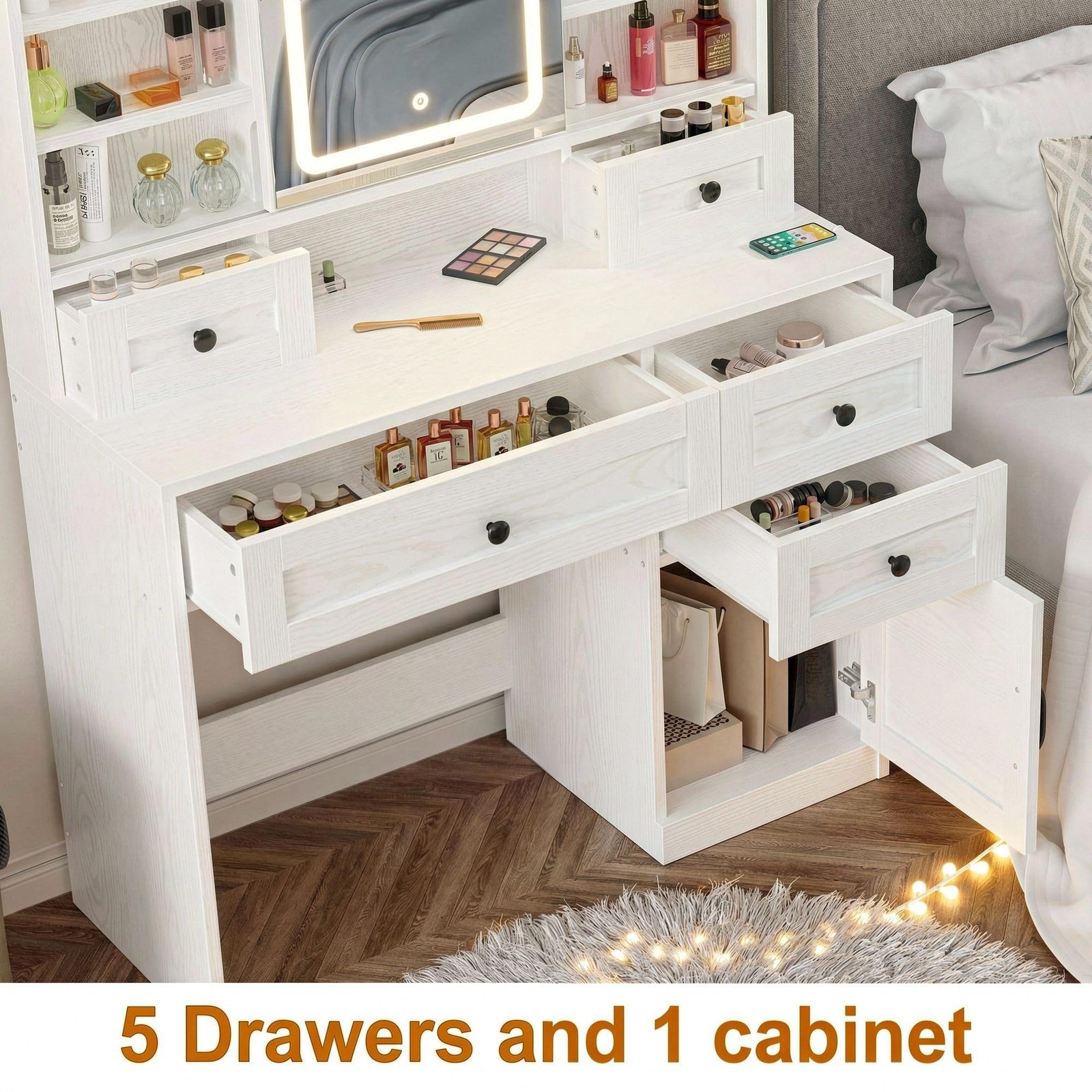 Vanity Desk LED Mirror 5 Drawers Cabinet Shelves Power Outlet Stool White