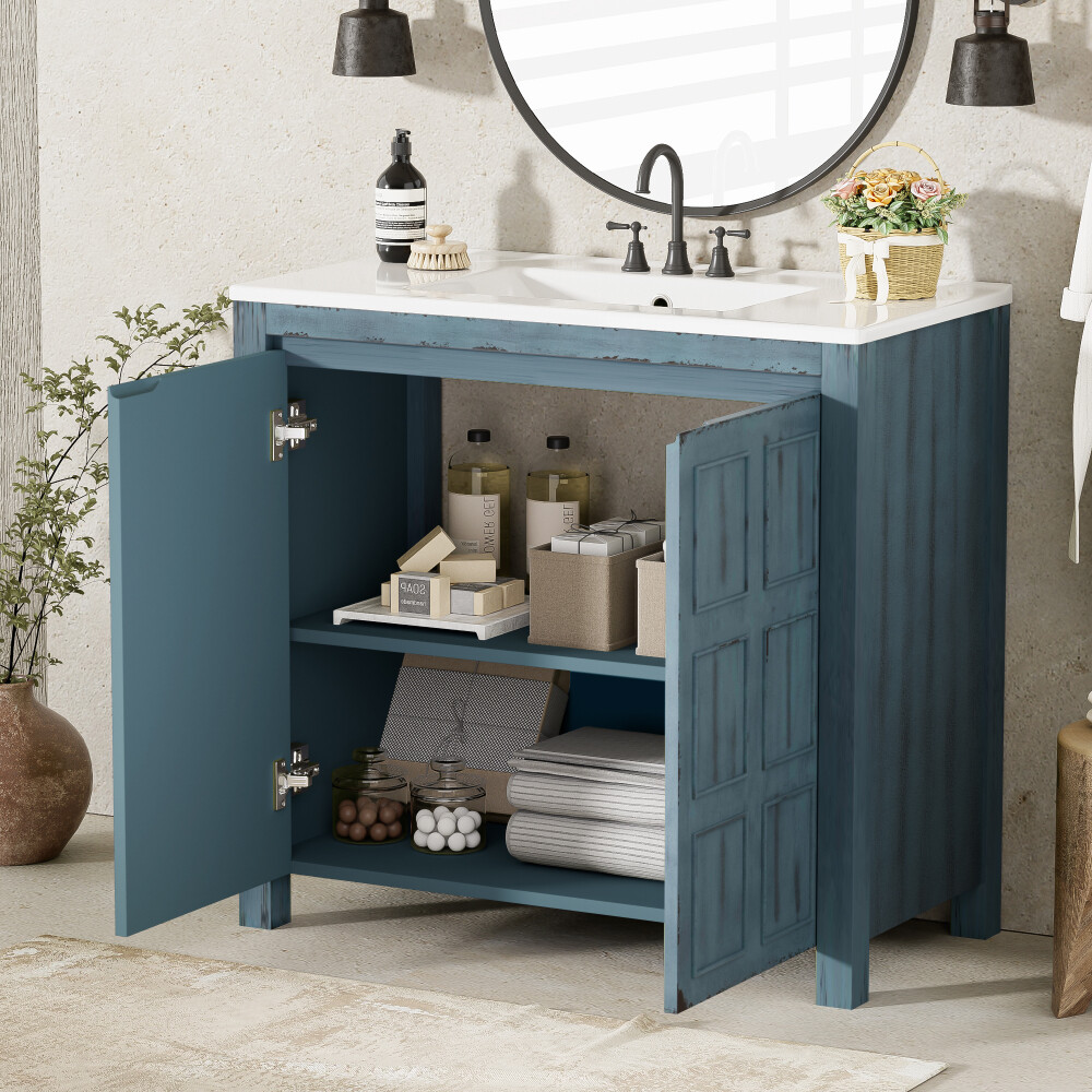 36″ Bathroom Vanity w/ Sink, Freestanding Vanity Storage Cabinet, 2 Doors, Shelf