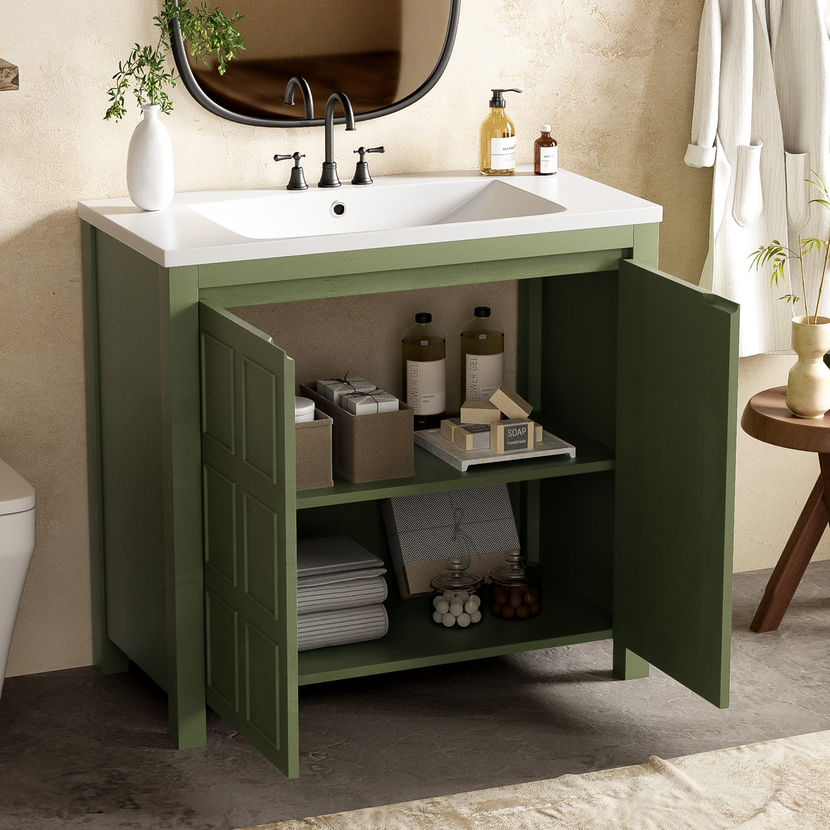 36″ Bathroom Vanity w/ Sink, Freestanding Vanity Storage Cabinet, 2 Doors, Shelf